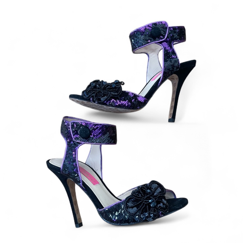 Betsey Johnson Purple & Black Sequin Beaded Flower Heels Sz 7M - Picture 2 of 10